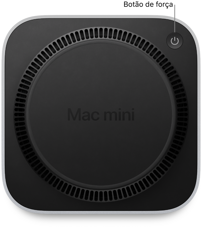 A parte inferior do Mac mini mostrando o botão Liga/Desliga.