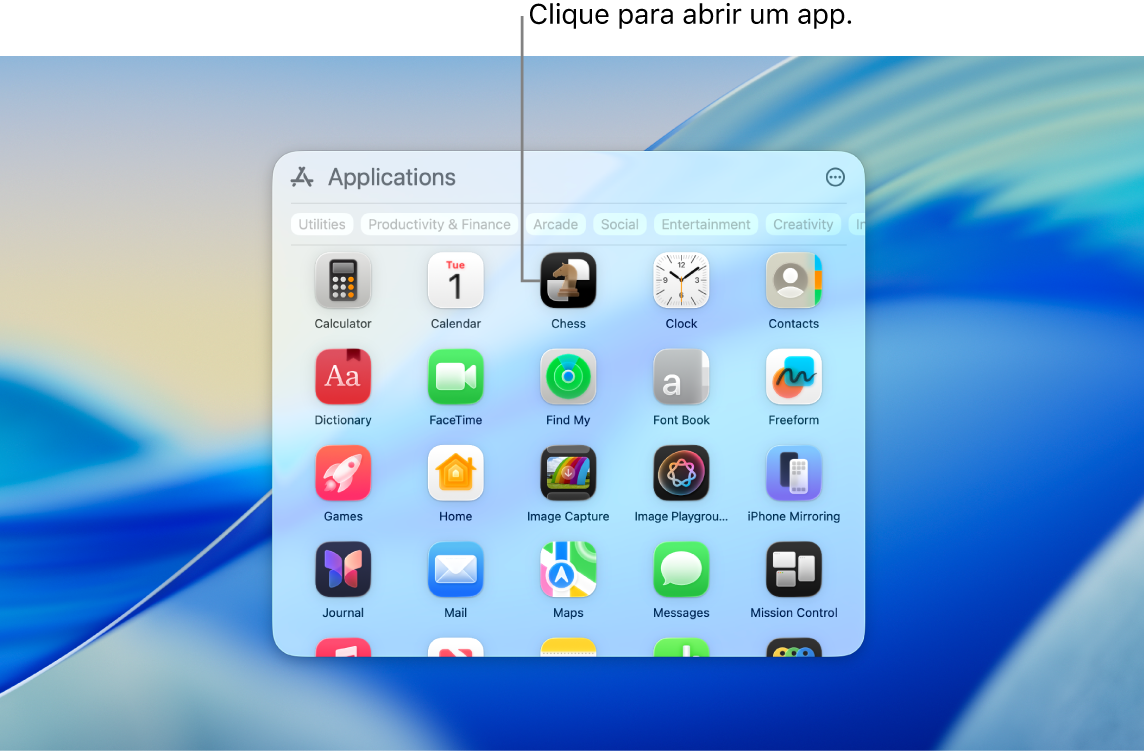 Ícone de Apps no Dock e janela de Apps aberta exibindo vários apps organizados em grade em uma tela do Mac.
