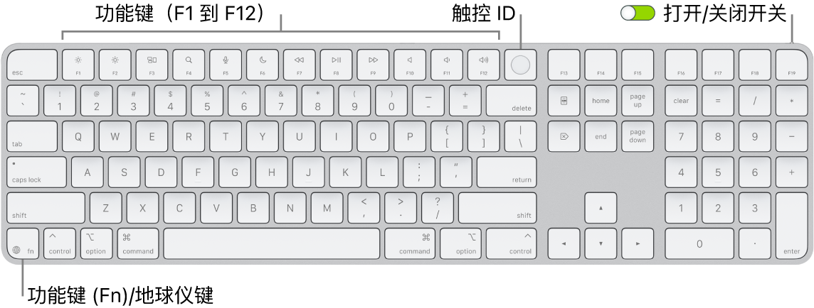 配备触控 ID 和数字小键盘的妙控键盘,顶部显示一排功能键和触控 ID,功能键 (Fn)/地球仪键位于 Delete 键的右侧。