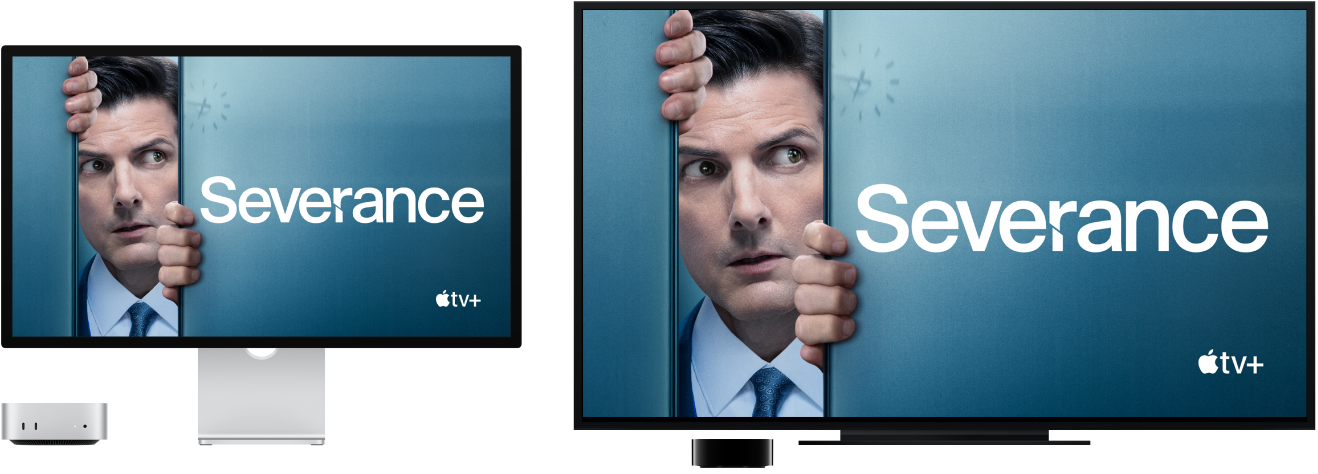 Mac mini 内容通过 Apple TV 镜像到大的 HDTV 上。