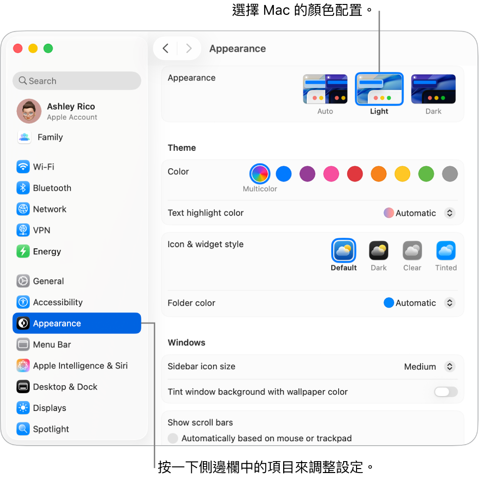 「系統設定」中的「外觀」視窗。