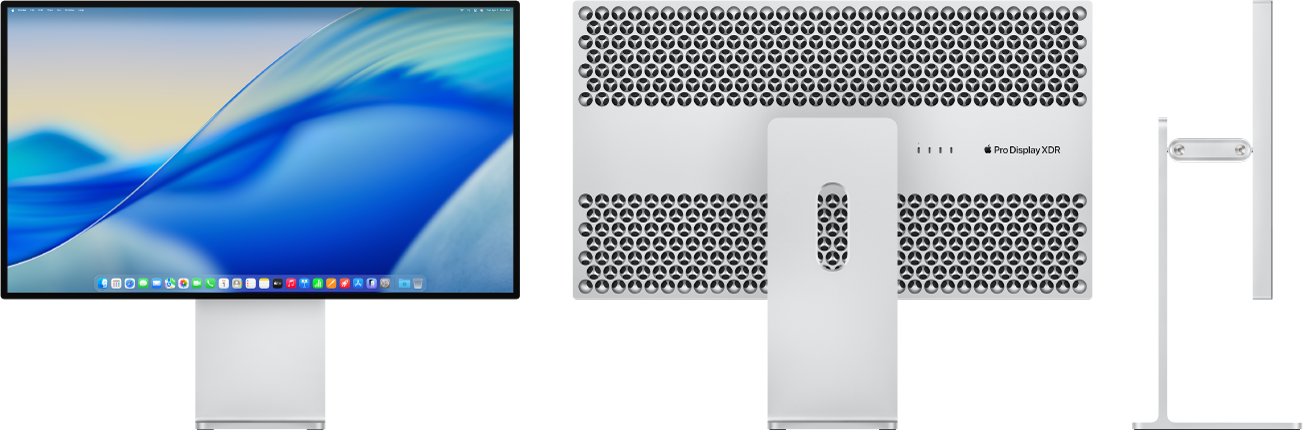 Vorderansicht, Rückansicht und Seitenansicht des Pro Display XDR auf einem Pro Stand.