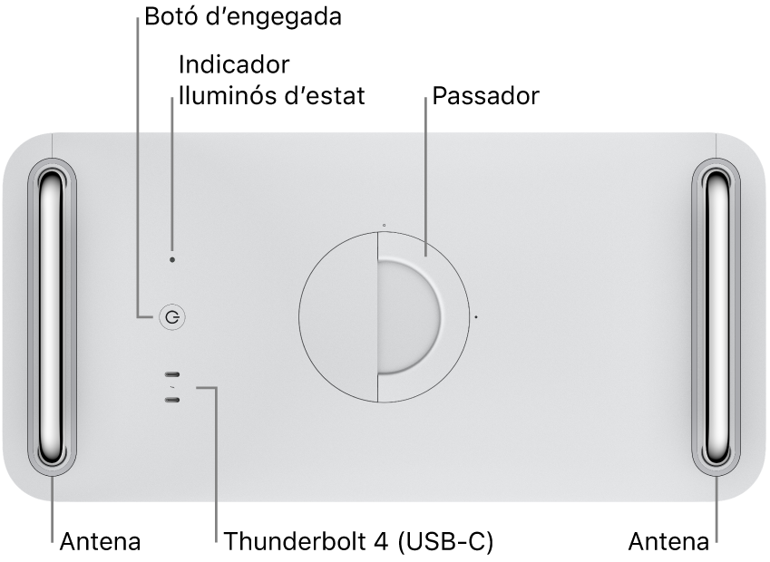 Part superior del Mac Pro, en què es veuen el botó d’engegada, l’indicador lluminós d’estat, dos ports Thunderbolt 4 (USB-C) i dues antenes, una a l’esquerra i una altra a la dreta.