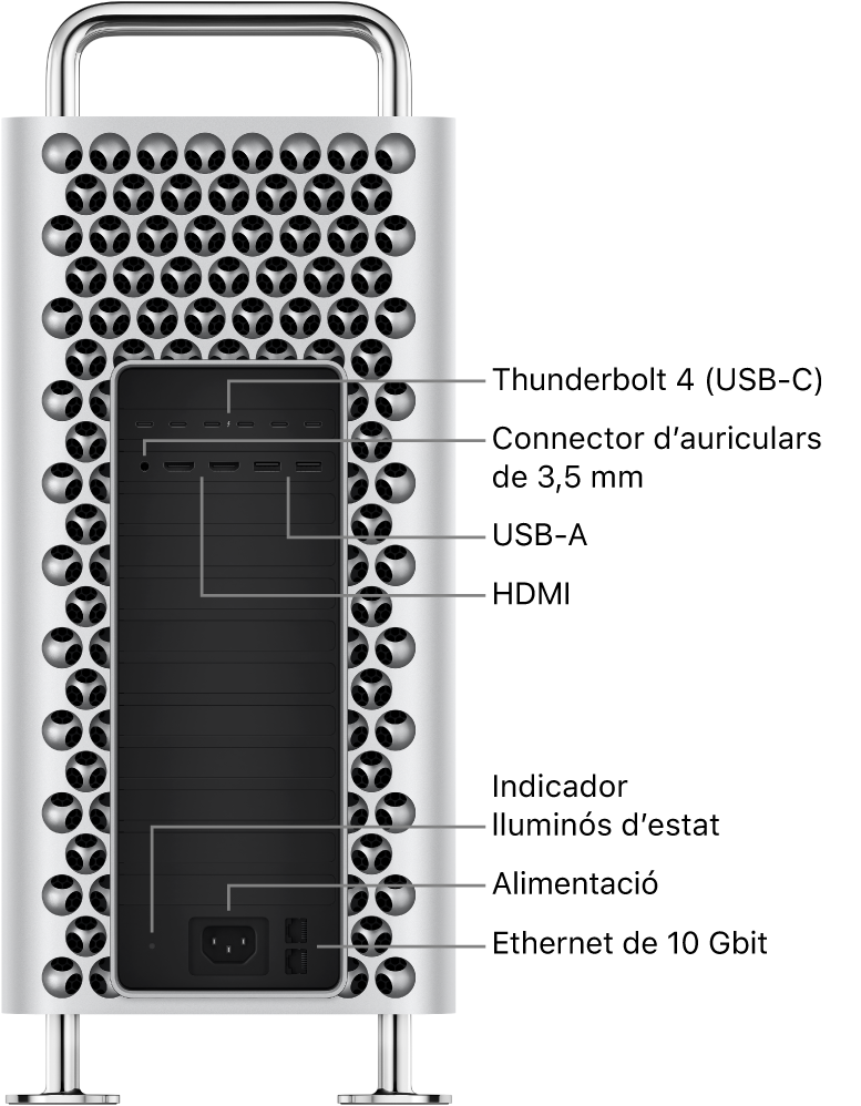 Vista lateral d’un Mac Pro en què es veuen els sis ports Thunderbolt 4 (USB-C), el connector d’auriculars de 3,5 mm, dos ports USB‑A, dos ports HDMI, l’indicador lluminós d’estat, el port d’alimentació i dos ports 10 Gbit Ethernet.