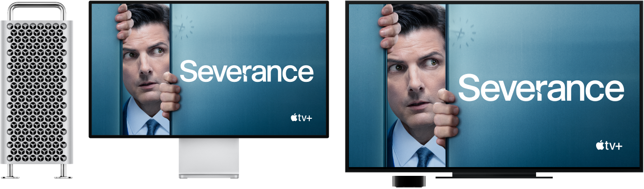 Un Mac Pro amb el seu contingut duplicat a un televisor d’alta definició gran per mitjà d’un Apple TV.