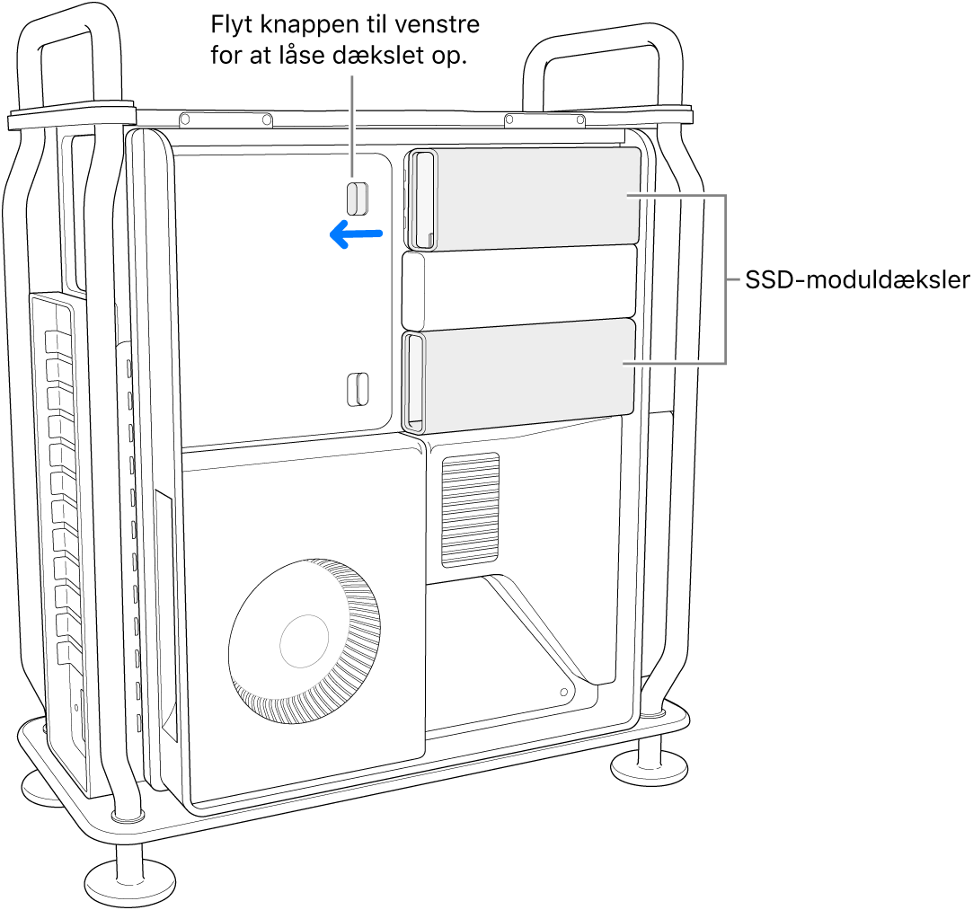 Kontakten skubbes til venstre for at låse SSD-dækslet op.
