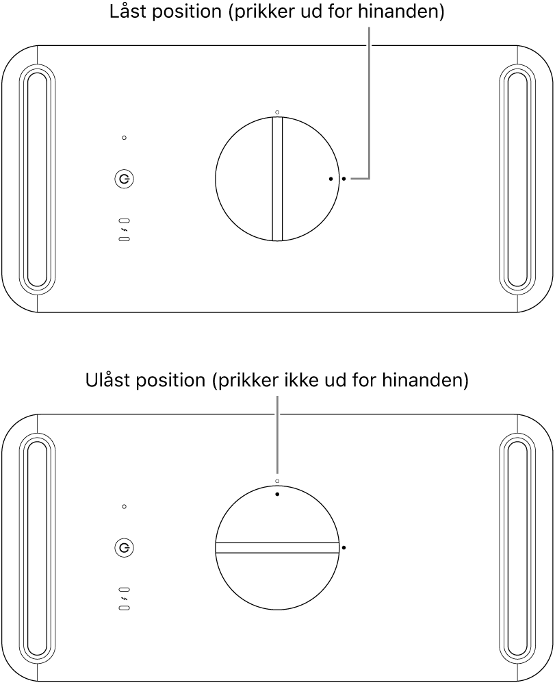 Oversiden af computerens kabinet med låsen i låst og ulåst position.