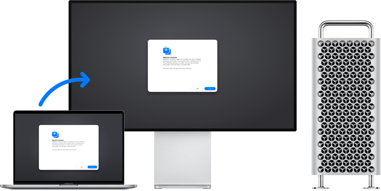 Ένα MacBook Pro και ένα Mac Pro με μια συνδεδεμένη οθόνη. Ο Βοηθός μετεγκατάστασης εμφανίζεται και στις δύο οθόνες και ένα βέλος από το MacBook Pro στο Mac Pro υποδεικνύει τη μεταφορά των δεδομένων από το ένα στο άλλο.