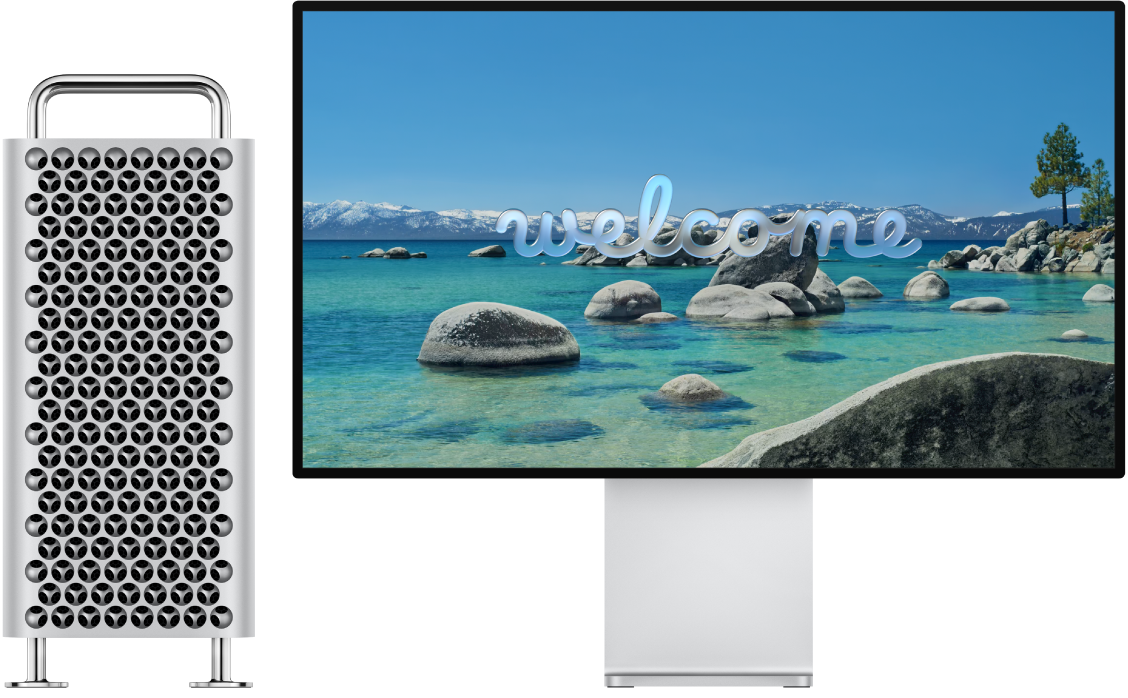 Una Mac Pro y un monitor Pro Display XDR lado a lado con las palabras “Welcome to Mac” en la pantalla.