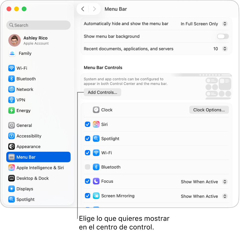 La ventana de ajustes de la barra de menús.