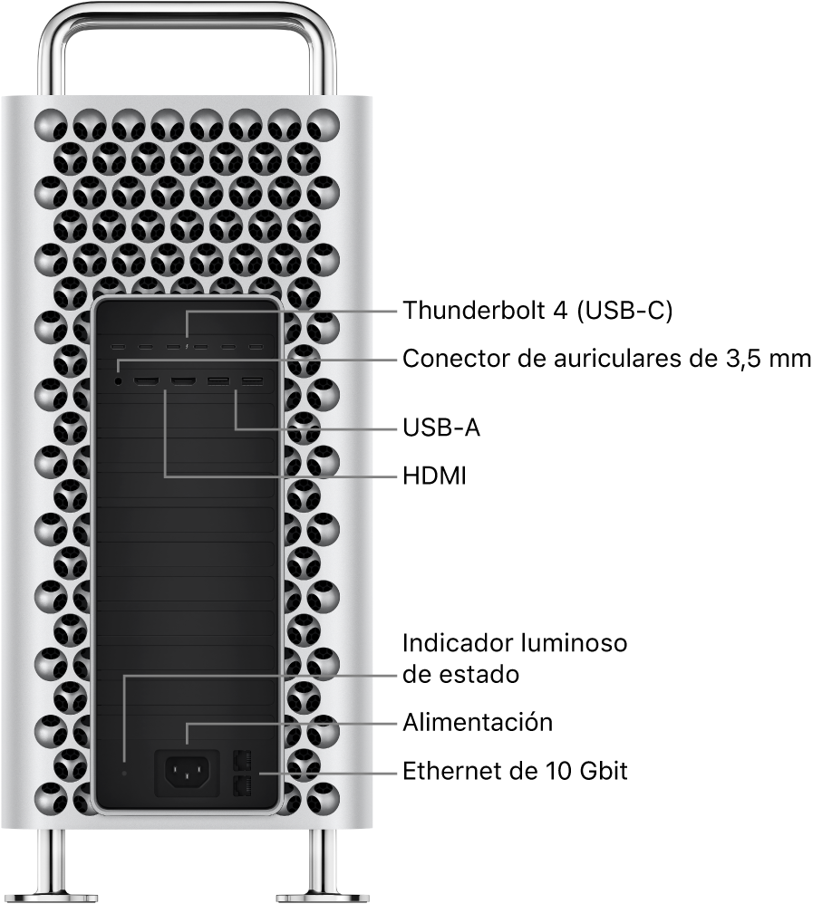 Vista lateral del Mac Pro con sus seis puertos Thunderbolt 4 (USB-C), la toma de auriculares de 3,5 mm, dos puertos USB-A, dos puertos HDMI, un indicador luminoso de estado, un puerto de alimentación y dos puertos Ethernet 10 Gigabit.