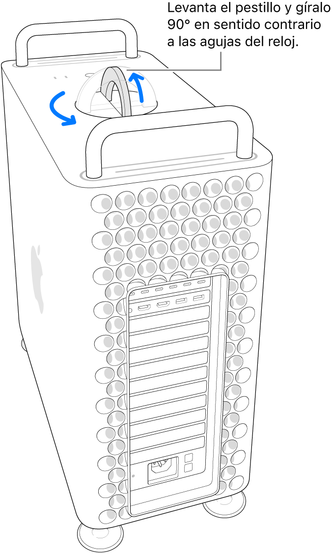 El primer paso para quitar la carcasa del ordenador levantando el cierre y girándolo 90 grados.