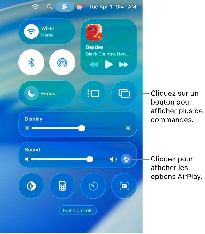 Vue agrandie du centre de contrôle sur votre Mac.