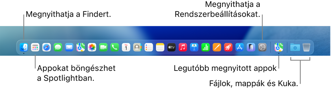 A Dock képe a Finderrel, a Rendszerbeállításokkal, illetve egy elválasztóval a Dock területén, amely elválasztja az appokat a fájloktól és mappáktól.