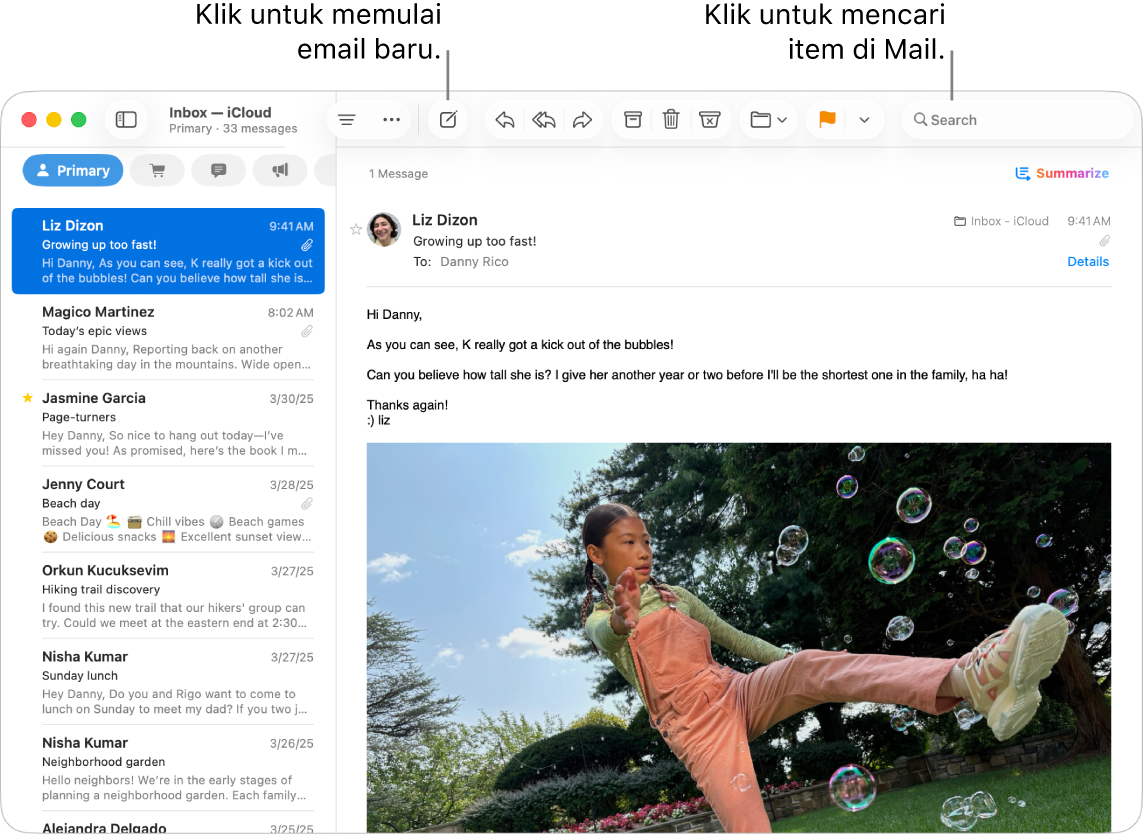 Jendela Mail yang menampilkan daftar pesan di samping bar samping, dan isi pesan yang dipilih di sebelah kanan. Keterangan untuk bidang pencarian.