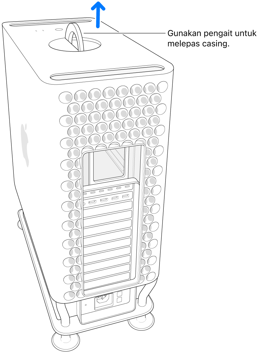 Kait diputar dan terbuka; casing sedang diangkat dari komputer.