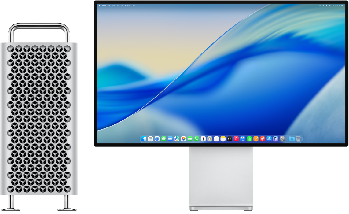 Torre Mac Pro e Pro Display XDR uno accanto all’altro.