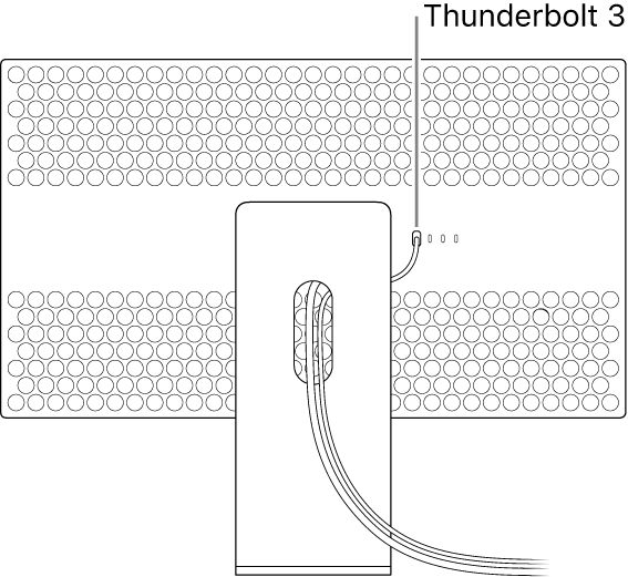 Pro Display XDR이 Pro Stand에 장착되고 케이블이 스탠드의 구멍을 통과하여 디스플레이에 연결됨.