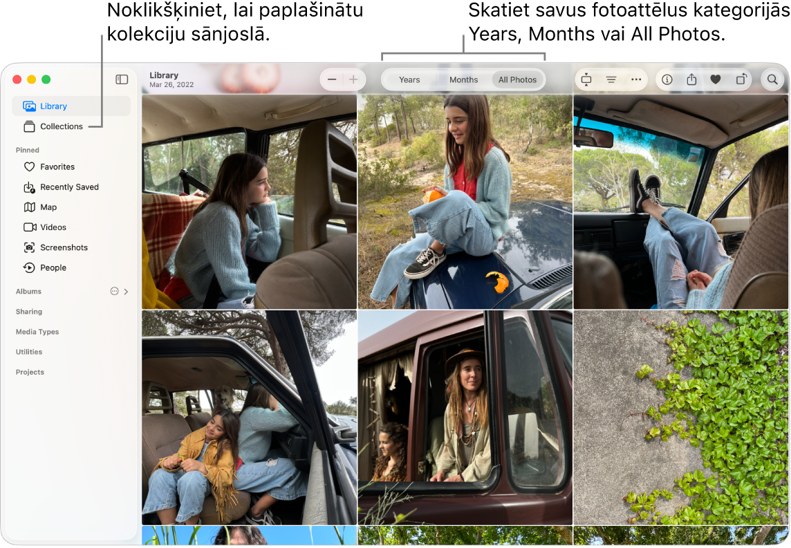 Logs Photos, kurā ir redzams vienums Library, kur var skatīt fotoattēlus pa gadiem, mēnešiem, vai citus fotoattēlus. Varat arī izvēlēties sānojoslā dažādās kolekcijās.