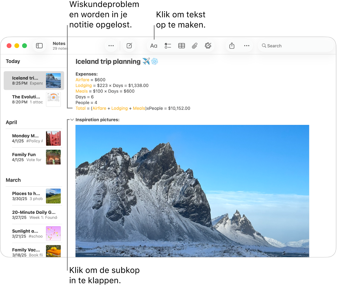Een venster van de Notities-app met berekeningen voor een reis en een foto van de bestemming.