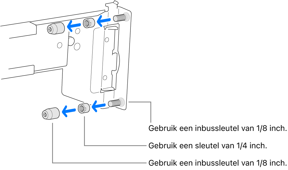 Een rail die in een rack met gaten met schroefdraad past.