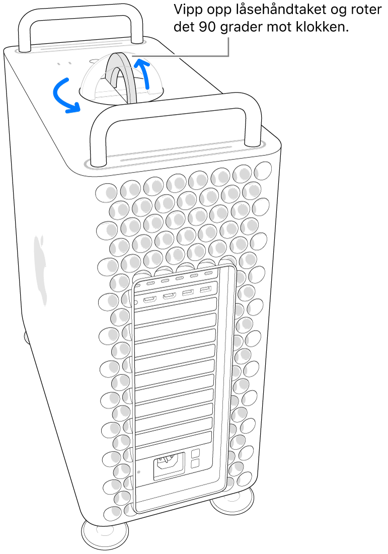 Det første trinnet er å fjerne datamaskinens kabinett ved å løfte låsehåndtaket og vri det 90 grader.