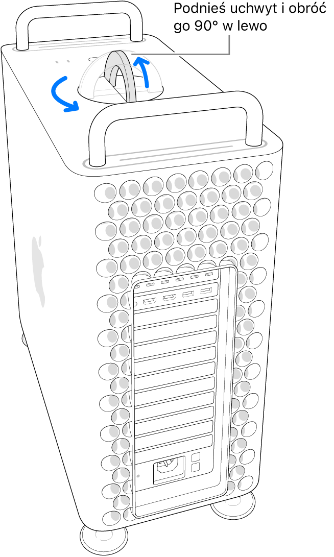 Pierwszy krok polega na zdjęciu obudowy komputera przez podniesienie uchwytu i obrócenie go o 90 stopni.