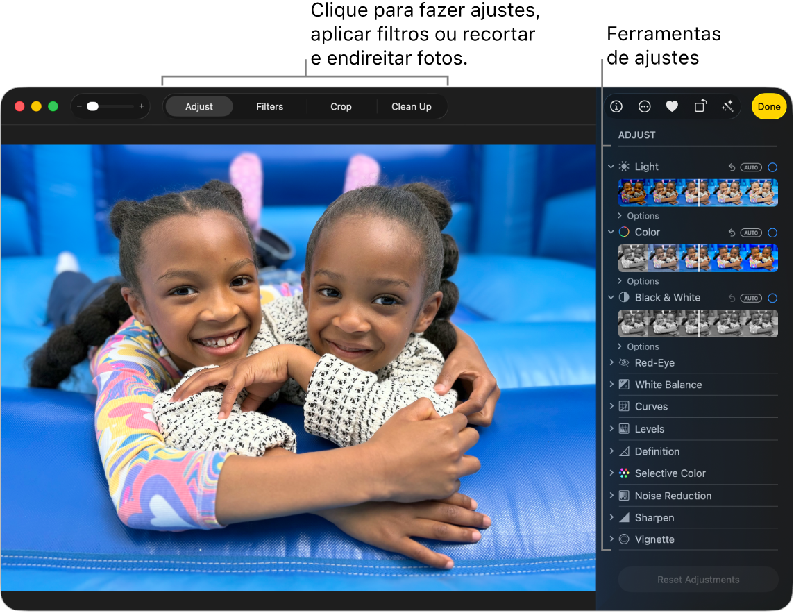 Janela do app Fotos mostrando uma foto sendo editada.
