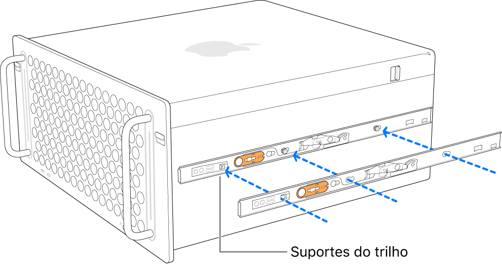 Mac Pro com um trilho interno sendo fixado na lateral.