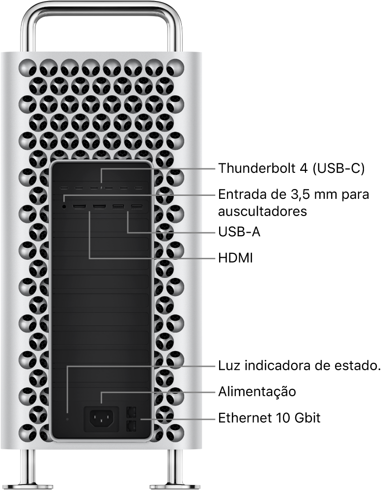Uma vista lateral do Mac Pro, a mostrar seis entradas Thunderbolt 4 (USB-C), a entrada de 3,5 mm para auscultadores, duas portas HDMI, uma luz do indicador de estado, uma porta de alimentação e duas portas Ethernet 10 Gb.