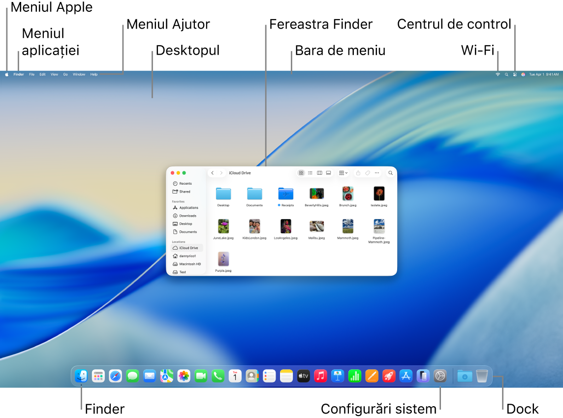 Ecran de Mac cu meniul Apple, meniul aplicației, meniul Ajutor, desktopul, bara de meniu, o fereastră Finder, pictograma Wi-Fi, pictograma Centru de control, pictograma Finder, pictograma Configurări sistem și Dock-ul.