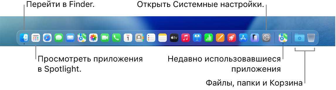 В панели Dock показаны значки Finder и Системных настроек, а также линия в Dock, отделяющая приложения от файлов и папок.