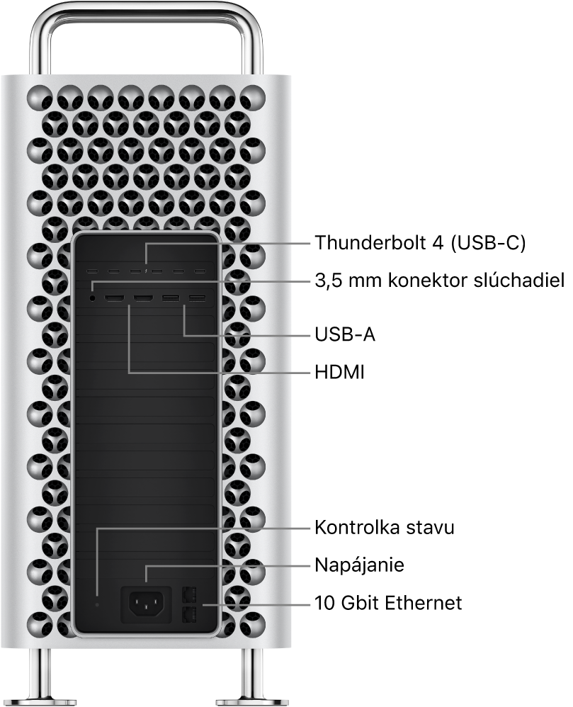 Bočný pohľad na Mac Pro zobrazujúci šesť Thunderbolt 4 (USB-C) portov, konektor slúchadiel s rozmerom 3,5 mm, dva USB-A porty, dva HDMI porty, svetelný indikátor stavu, port napájania a dva 10 Gbit ethernetové porty.