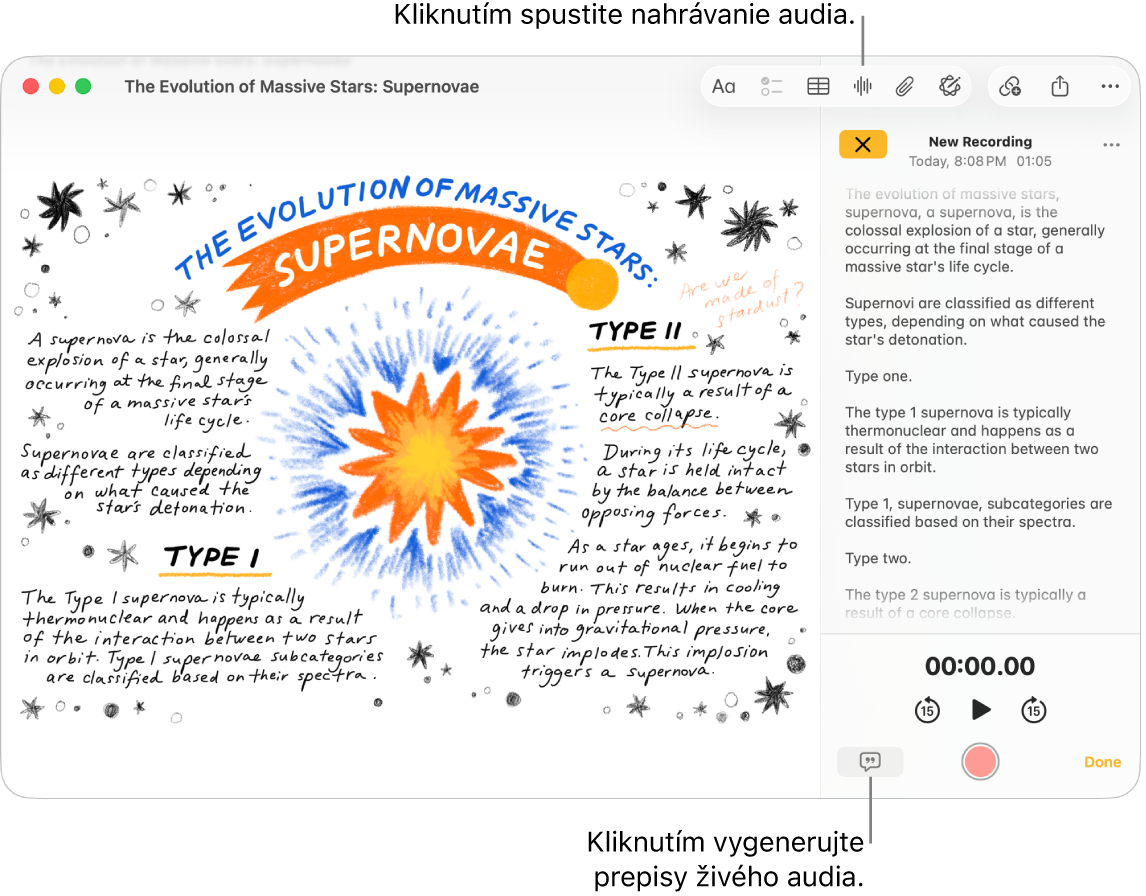 Okno apky Poznámky zobrazujúce poznámku so zvukovou nahrávkou. V okne Podrobnosti audia sa zobrazuje prepis audionahrávky.