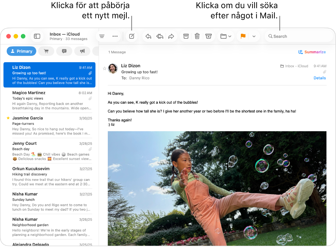 Ett Mail-fönster visar mejllistan bredvid sidofältet och innehållet i det markerade mejlet till höger. Ett streck pekar mot sökfältet.