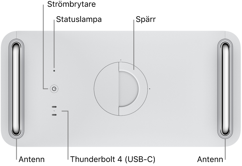 Ovansidan på Mac Pro visar strömbrytaren, statuslampa, spärr, två Thunderbolt 4 (USB-C)-portar och två antenner: en till höger och en till vänster.