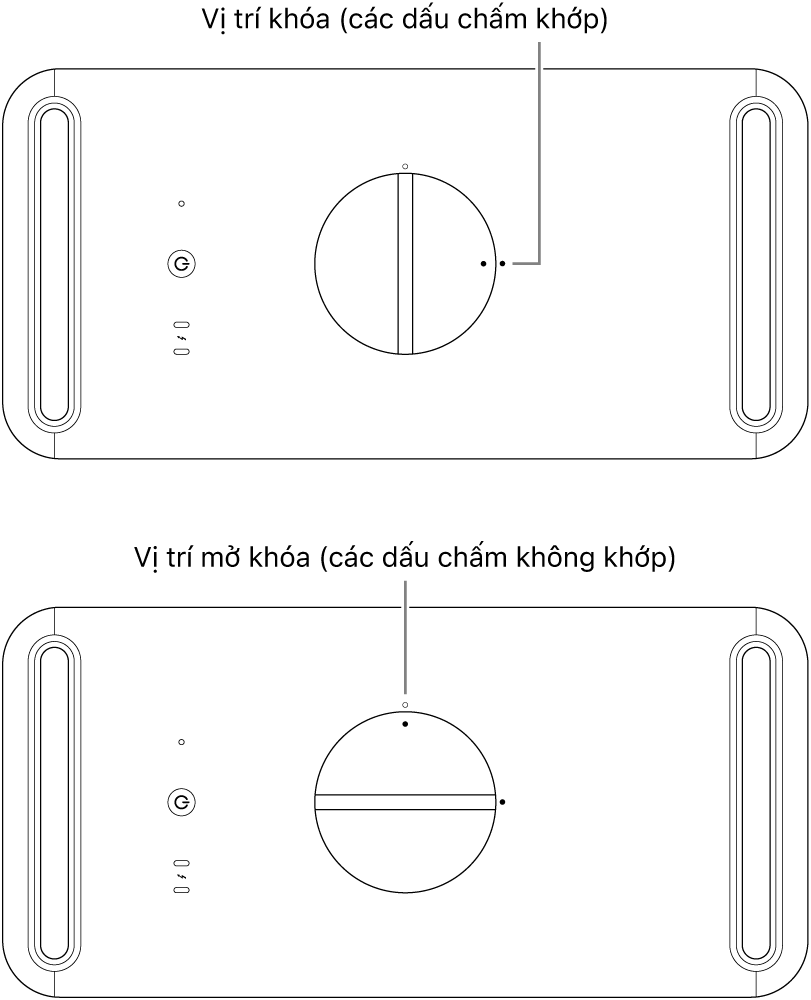 Mặt trên của vỏ máy tính đang minh họa chốt ở vị trí khóa và mở khóa.