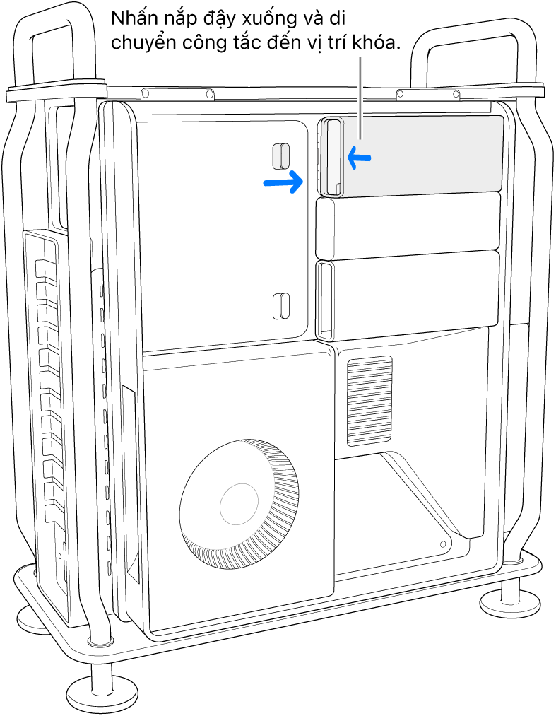 Đang lắp lại các nắp đậy SSD bằng cách di chuyển công tắc khóa sang bên phải và nhấn xuống trên nắp đậy SSD.