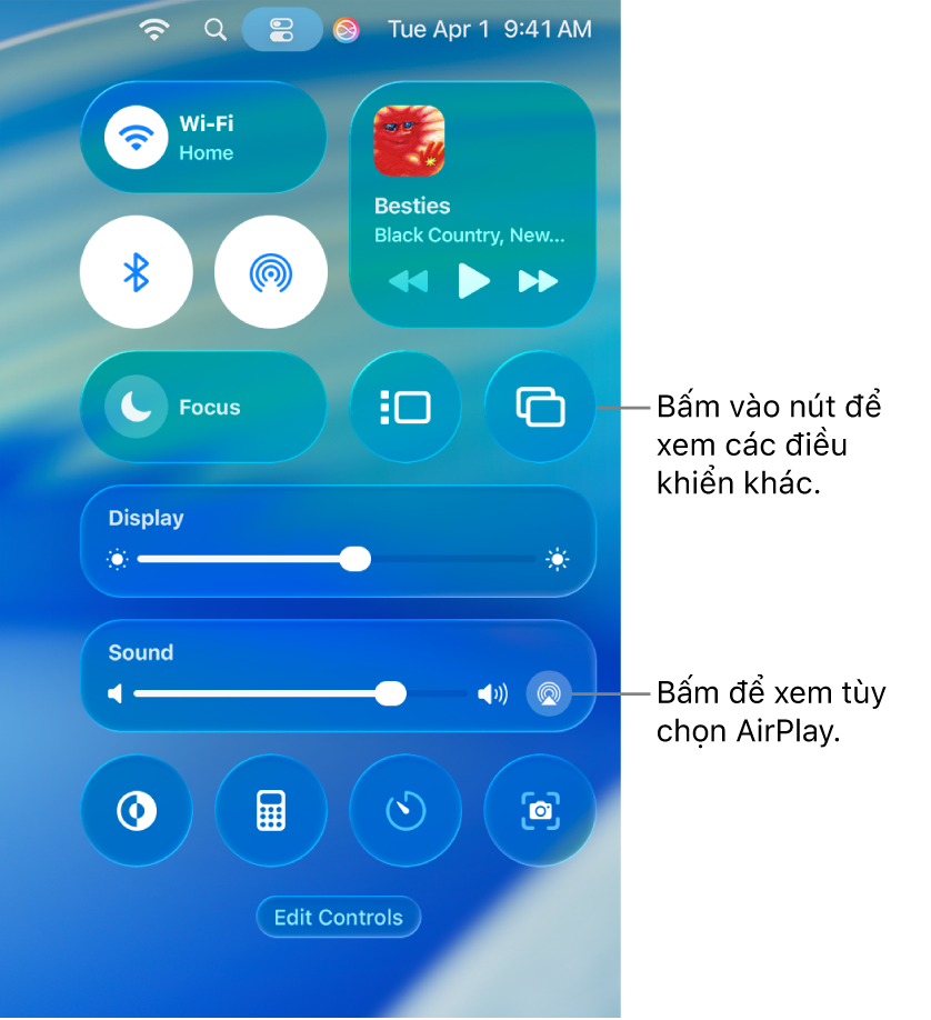 Chế độ xem Phóng to của Trung tâm điều khiển trên máy Mac của bạn.