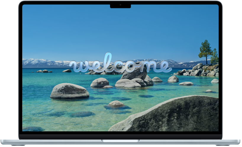 Отворен MacBook Air с надпис „Welcome to Mac“ („Добре дошли в Mac“) и бутон, на който пише „Continue“ („Продължи“), на екрана.