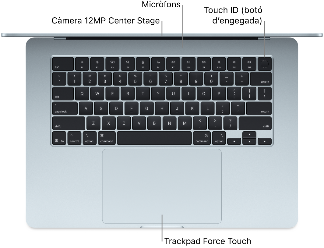 Un MacBook Air obert, en un pla zenital, en què s’indica la posició de la càmera, els micròfons, el Touch ID (botó d’engegada) i el trackpad Force Touch.