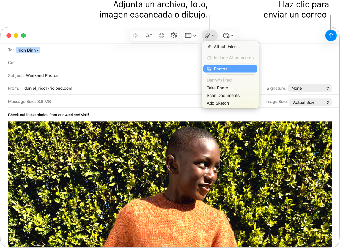Una ventana de Mail mostrando un nuevo mensaje siendo creado. El menú desplegable muestra opciones para adjuntar fotos, tomar una foto, escanear un documento o agregar un dibujo de un dispositivo cercano.