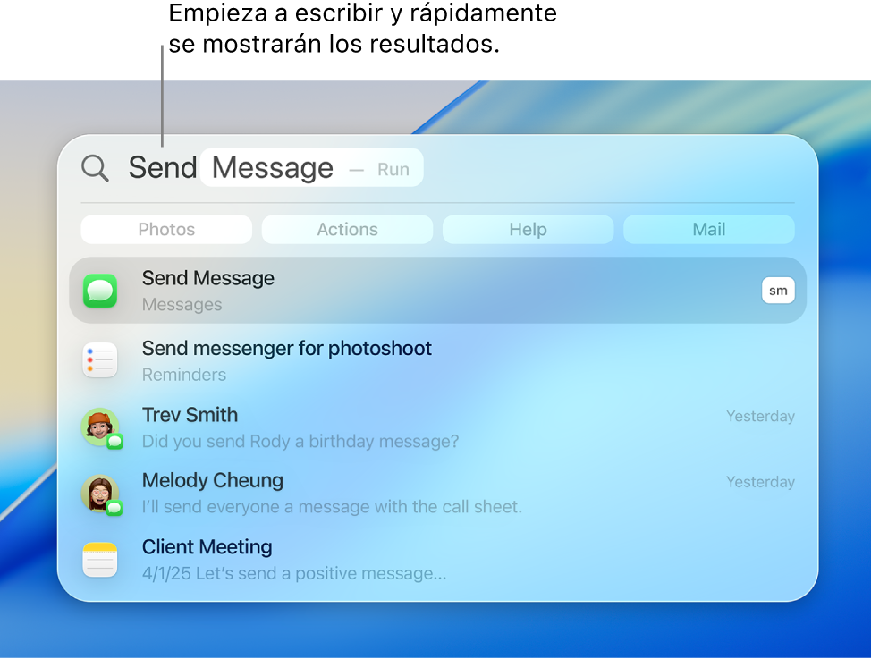 Una ventana de Spotlight que muestra cómo enviar un mensaje.