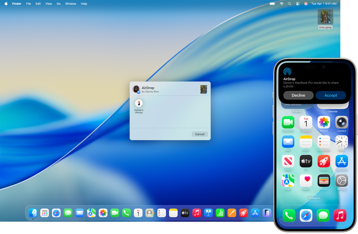Maci AirDropi dialoogaknas kuvatakse faili saatmist läheduses olevasse iPhone’i. Selle kõrval kuvab iPhone märguannet, mis võimaldab isikul faili vastu võtta või sellest keelduda.