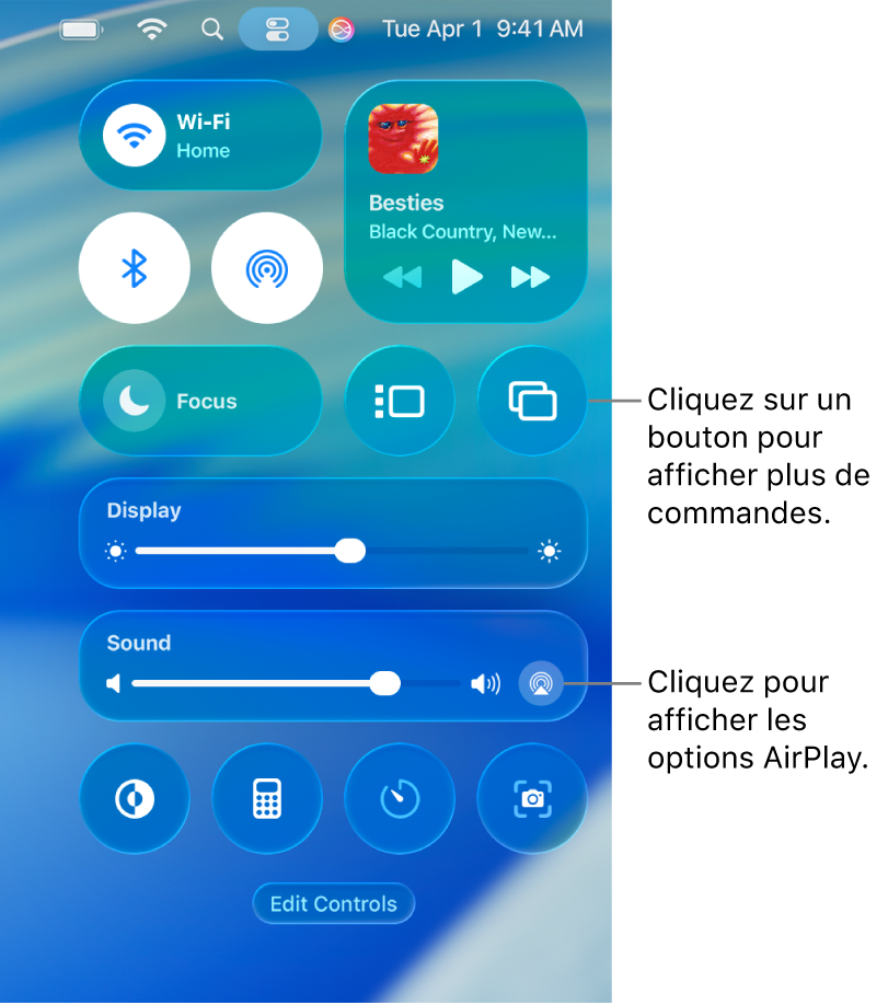 Vue rapprochée du centre de contrôle sur votre Mac avec une légende pour le bouton Moniteur.