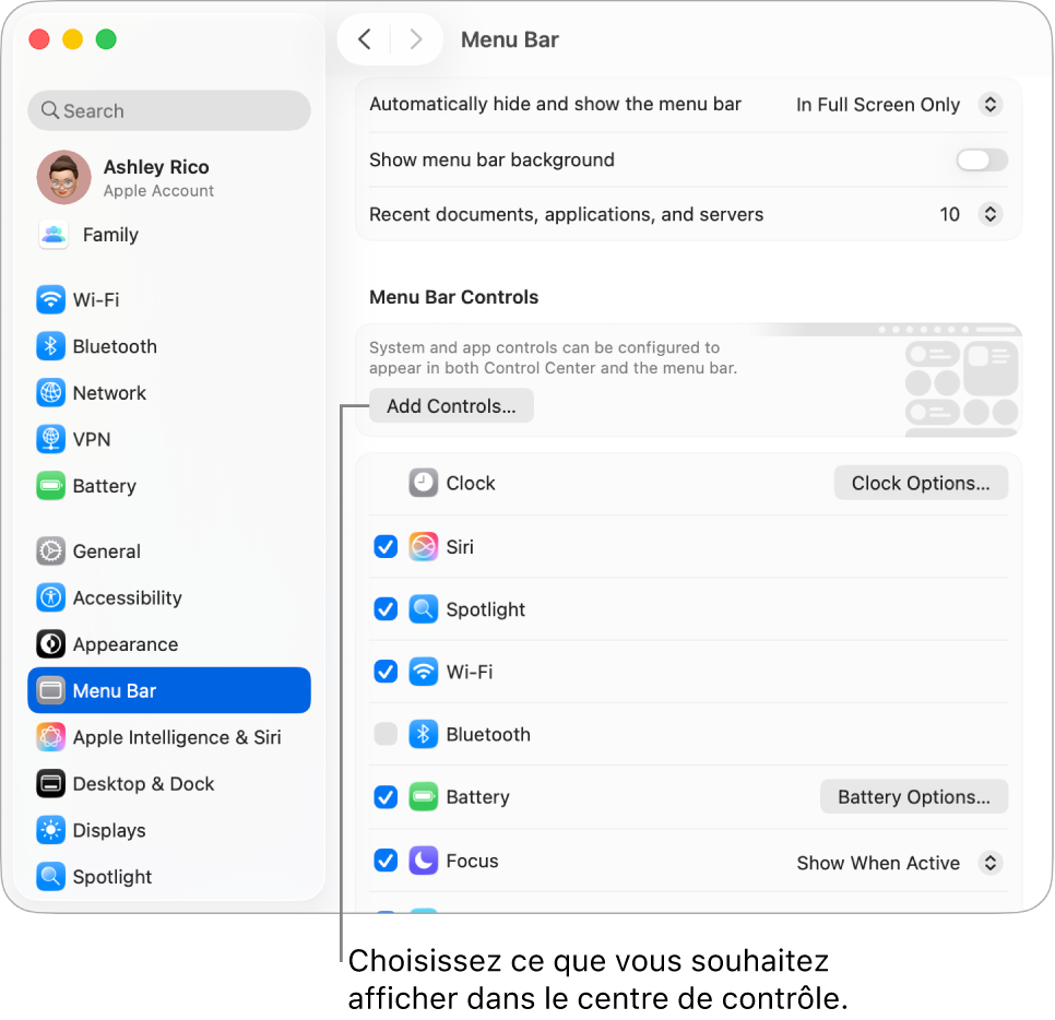 La fenêtre de réglages « Barre des menus ».