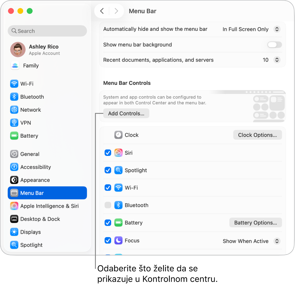 Prozor postavki trake s izbornicima.