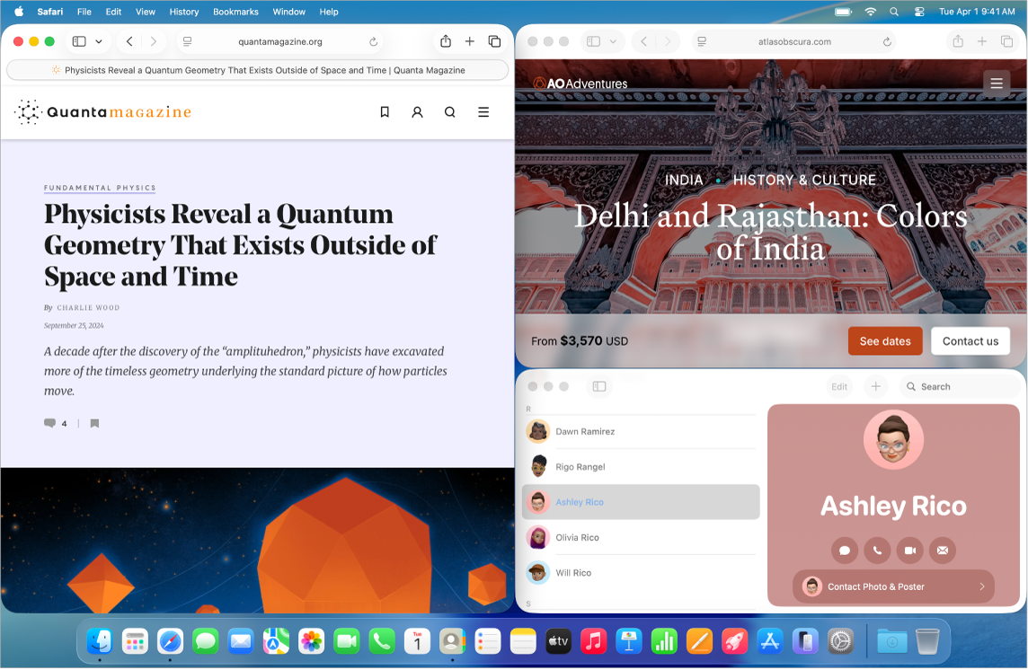 Жұмыс үстелінде орналасқан үш қолданба терезесін көрсетіп тұрған Mac экраны.