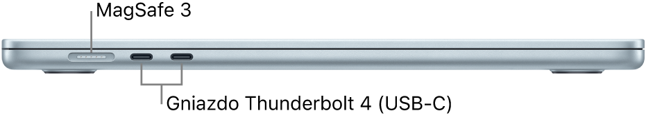 MacBook Air widziany z lewej strony. Etykiety wskazują gniazda MagSafe 3 oraz Thunderbolt 4.