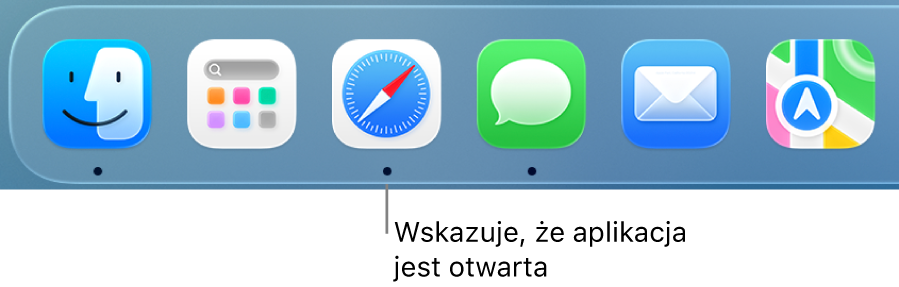 Fragment Docka z czarnymi kropkami pod ikonami otwartych aplikacji.